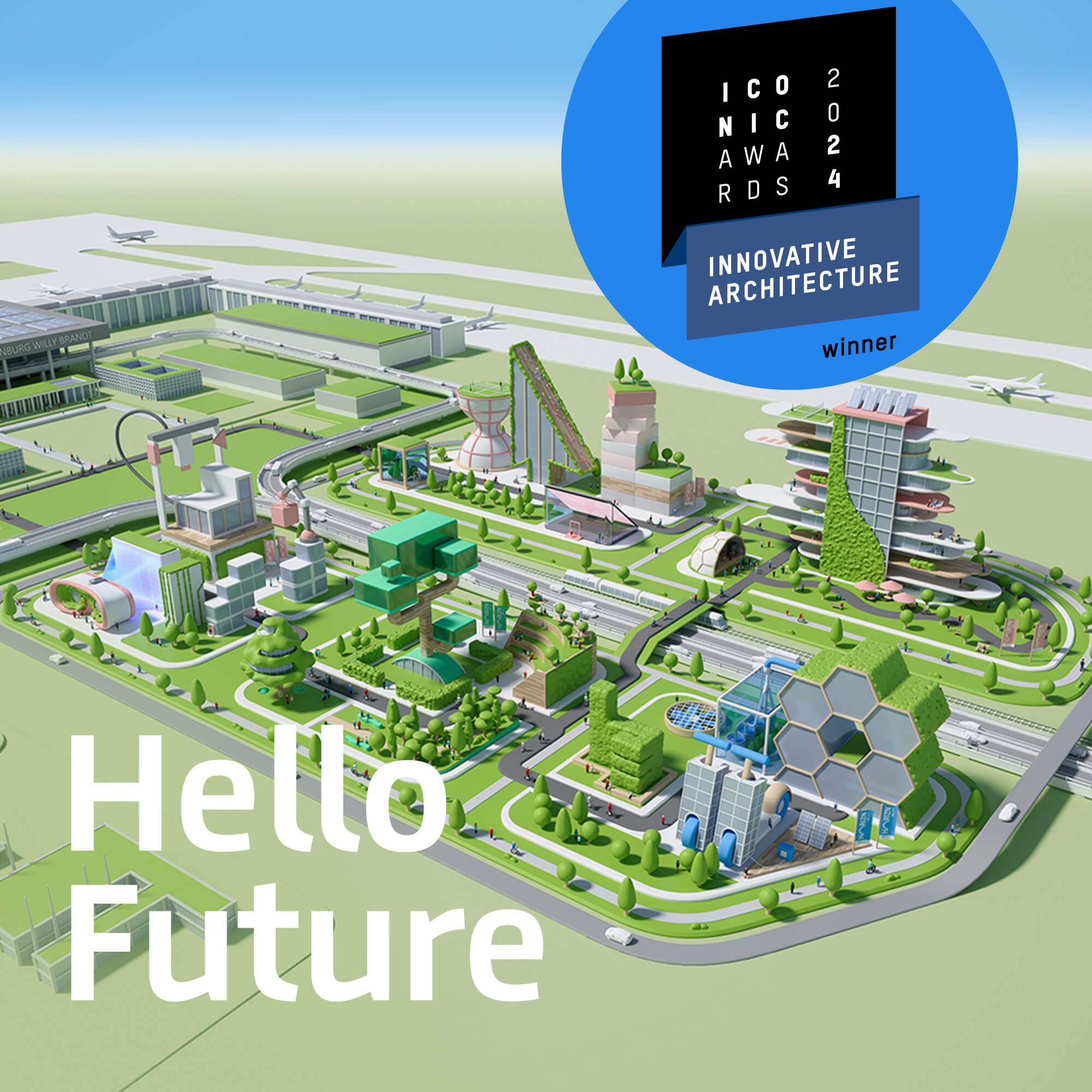 Illustration des Quartiers HORIZN BER CITY direkt vor dem Terminal 1 des Flughafen BER mit innovativen Gebäudeideen in grüner Umgebung und in freundlicher Farbgebung  © FOREAL® GbR / Flughafen Berlin Brandenburg GmbH 